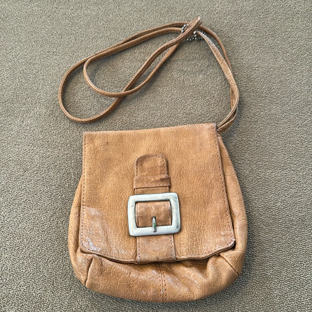 Unlisted Brand Light Brown Leather Crossbody Bag Purse (TD)